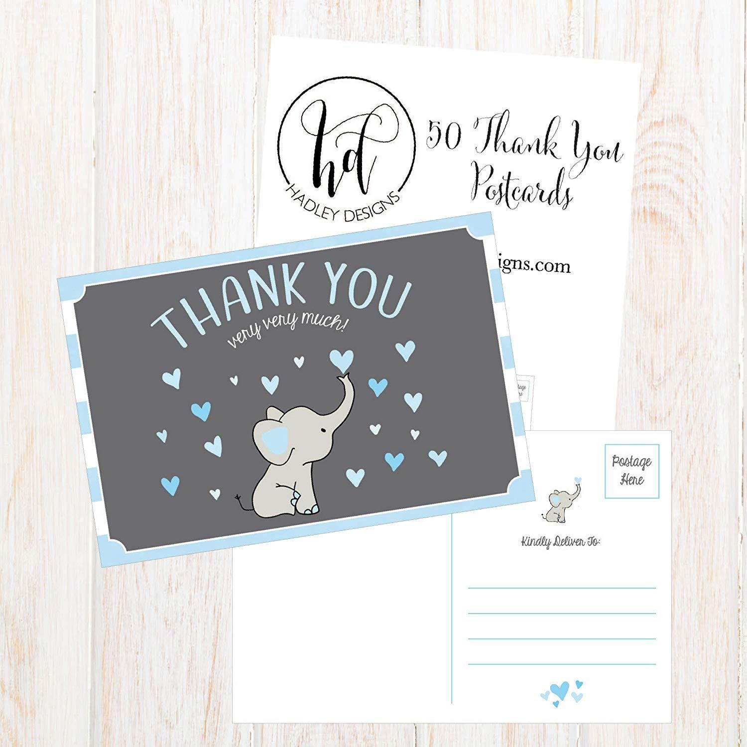 50 4x6 Elephant Boy Baby Shower Thank You Postcards Bulk, Beautiful Modern Cute Boho Blue Blank Thanks Note Card Stationery Appreciation Set