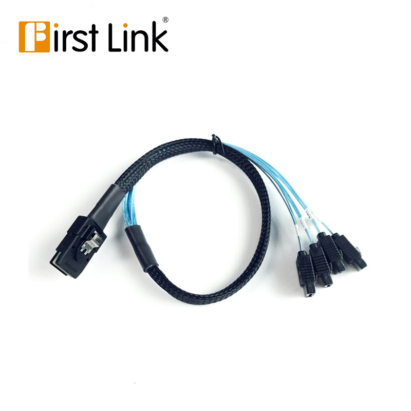 SFF8087-4SATA-0.5M 0.5 Meter 30AWG Internal Mini SAS 36pin (SFF-8087) Male w/ Latch to 4 x SATA 7pin Female Forward Breakout Cable with Nylon Braiding