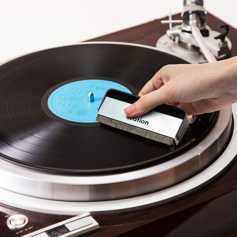 Ivation 2-in-1 Vinyl Record Cleaning Brush with Carbon Fiber and Velvet Brushes Includes Swivel Cover & Stand for Secure Storage