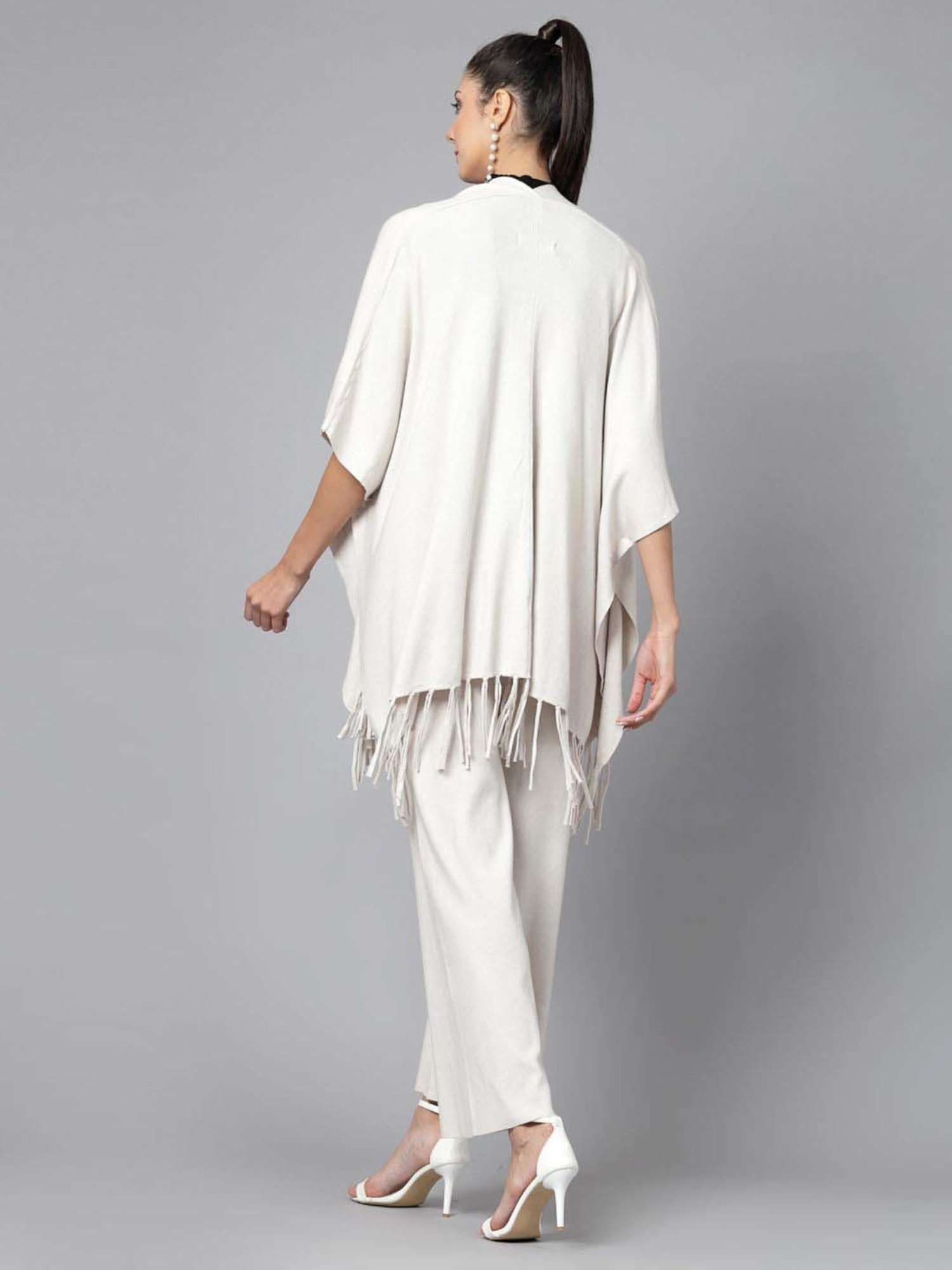 Mafadeny White Embellished Top Pants Set With Shrug