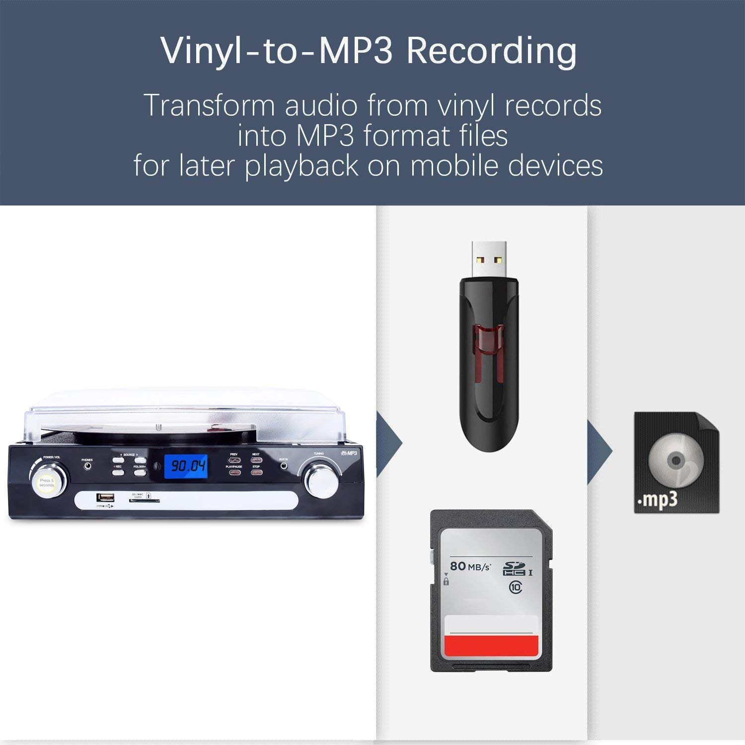 DIGITNOW Bluetooth Record Player with Stereo Speakers, Turntable for Vinyl to MP3 with Cassette Play, AM/FM Radio, Remote Control, USB/SD Encoding, 3.5mm Music Output Jack