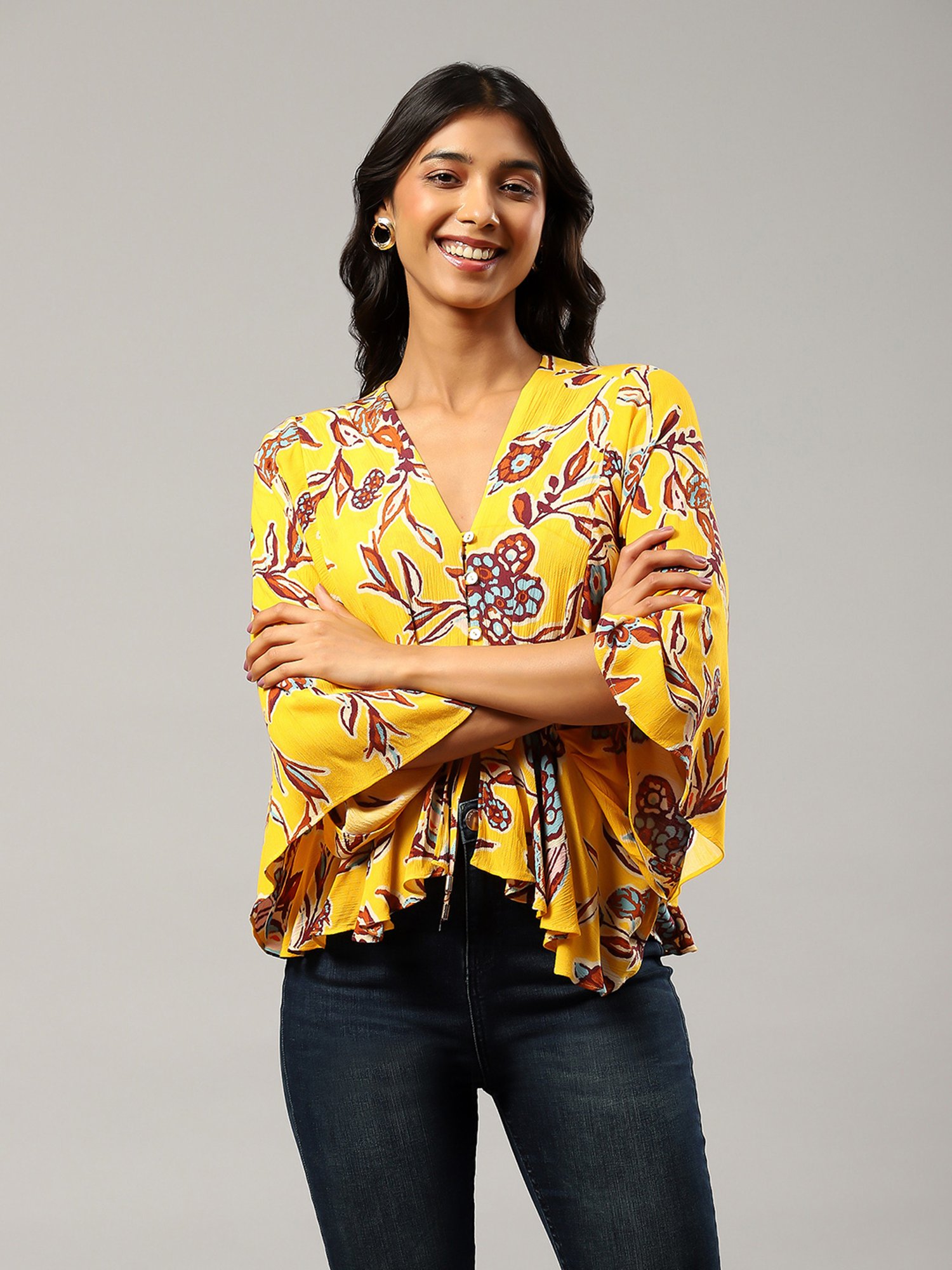 Label Ritu Kumar Yellow & Brown Floral Print Top