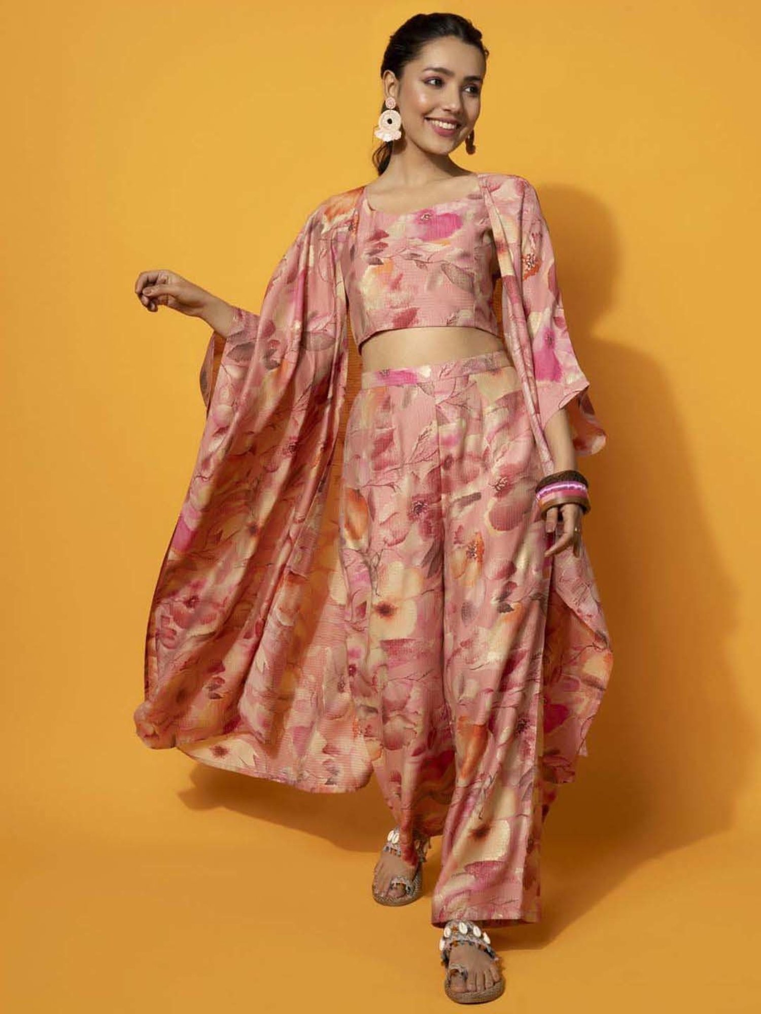 Libas Peach Printed Cotton Blend Co-Ords With Shrug