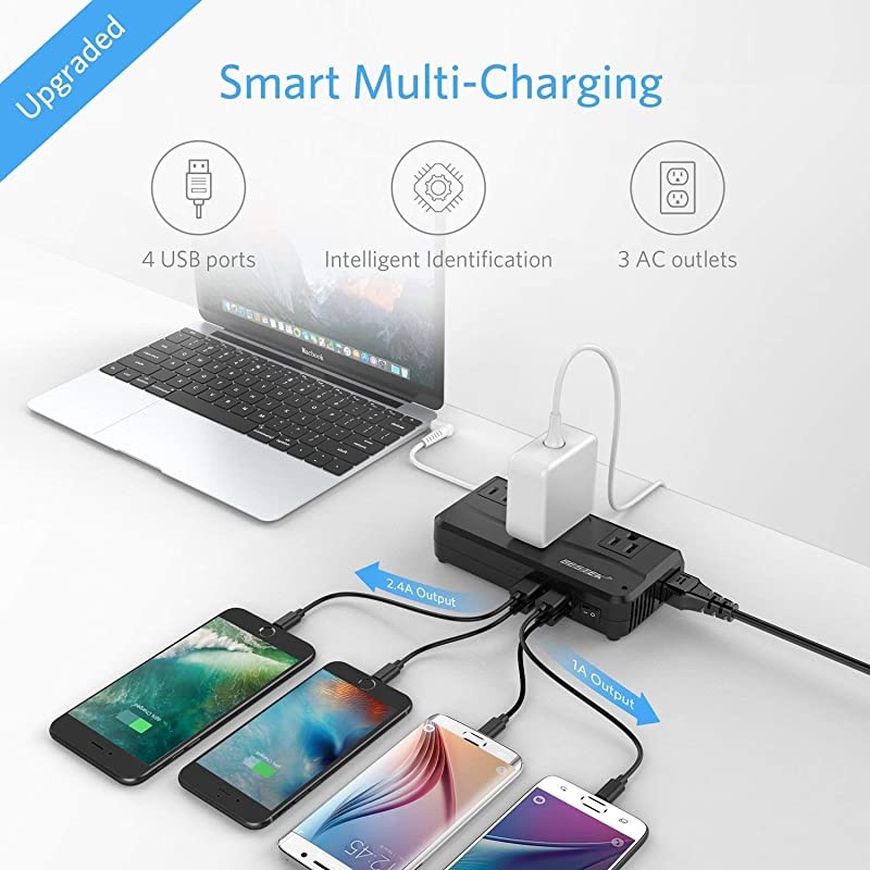 Universal Travel Adapter 220V to 110V Voltage Converter with 6A 4Port USB Charging and UKAUUSEU Worldwide Plug Adapter Black