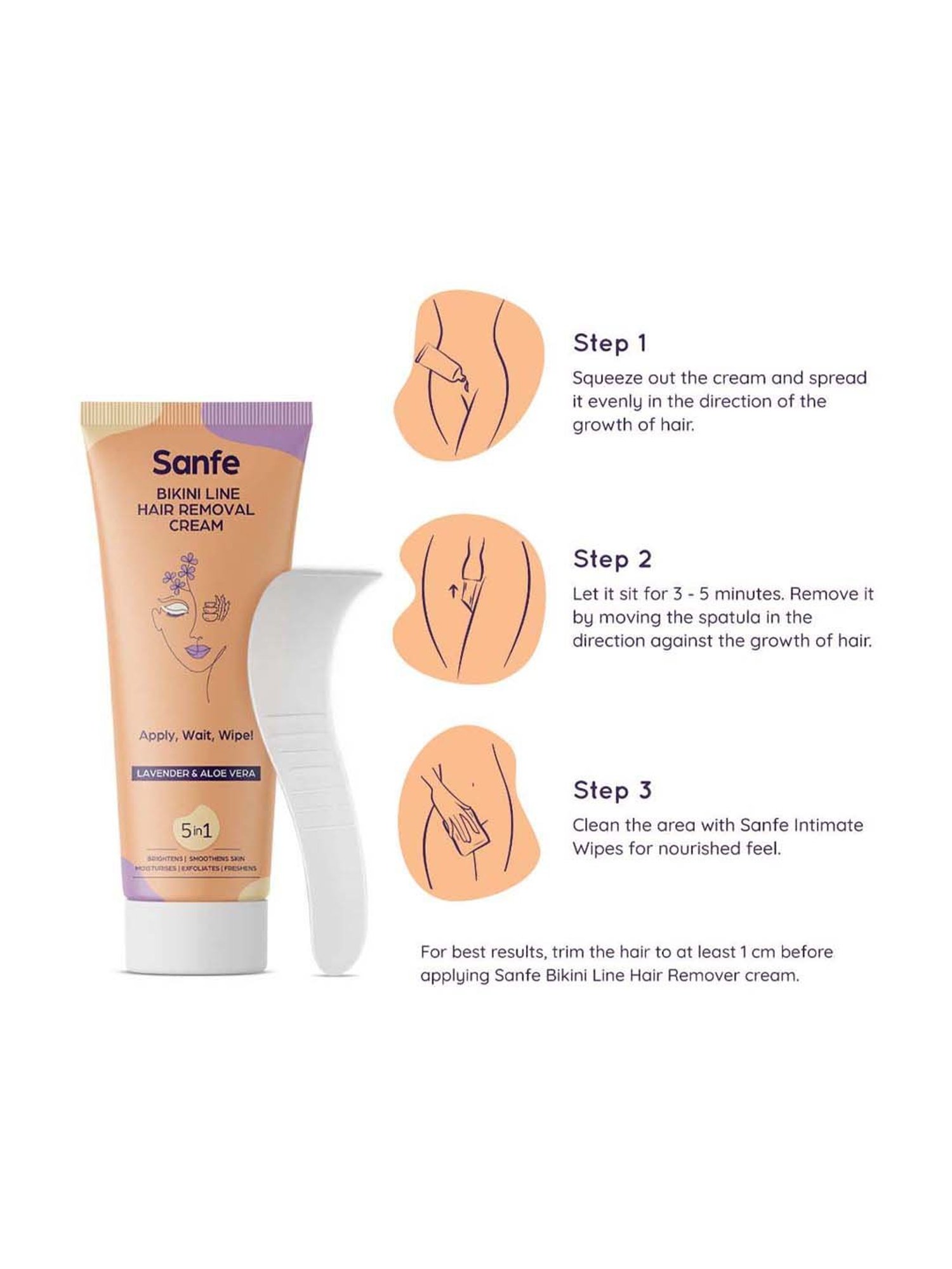 Sanfe Bikini Line Hair Removal Cream with Spatula and Intimate Wipes - 50 gm