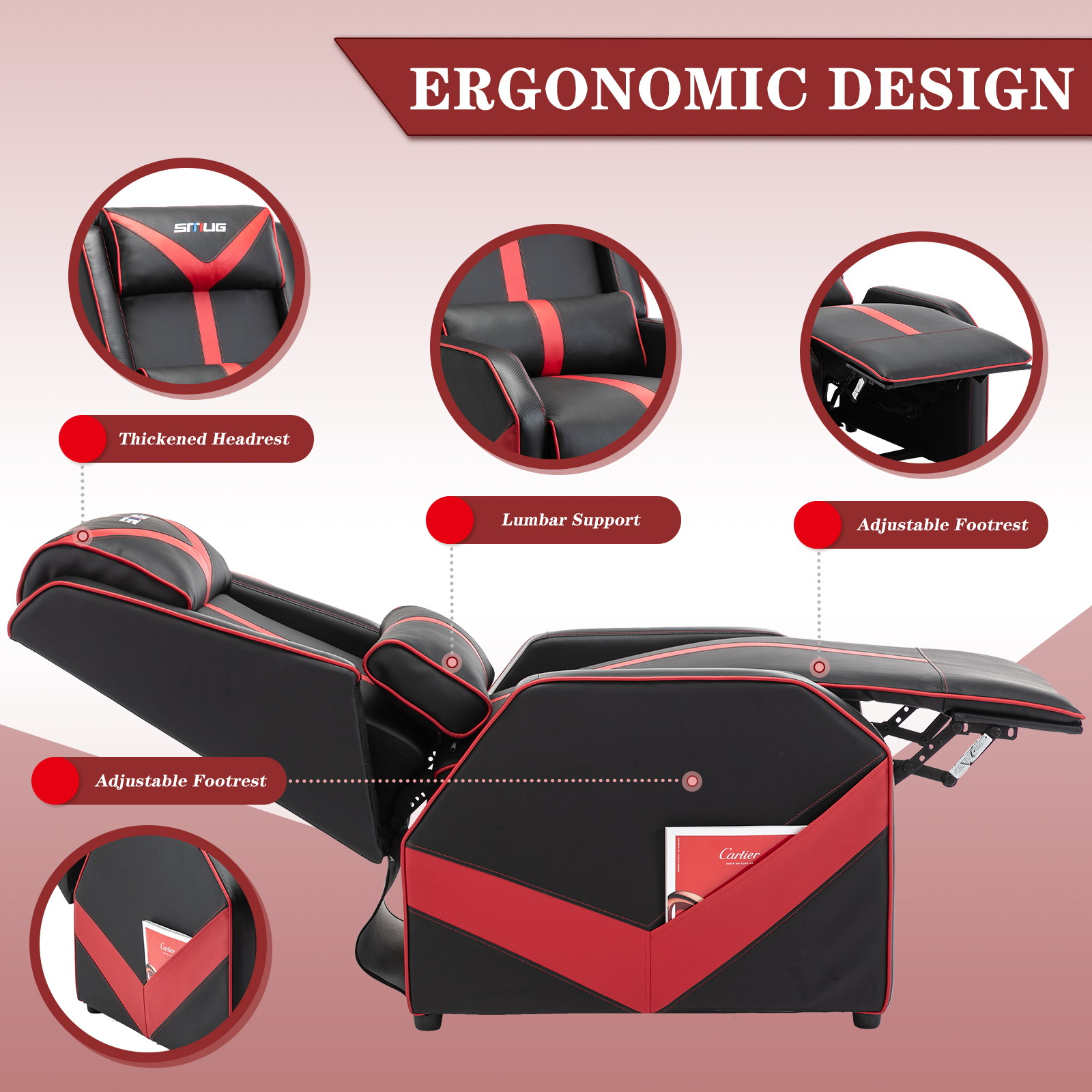 Gaming Recliner Chair Single Living Room Sofa Racing Style Ergonomic Lounge Sofa Modern PU Leather Recliner Home Theater Seat for Living & Gaming Room (Black/Red)