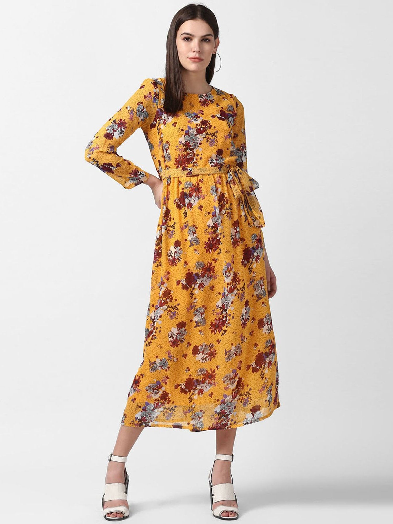 StyleStone Mustard Floral Print Midi Dress