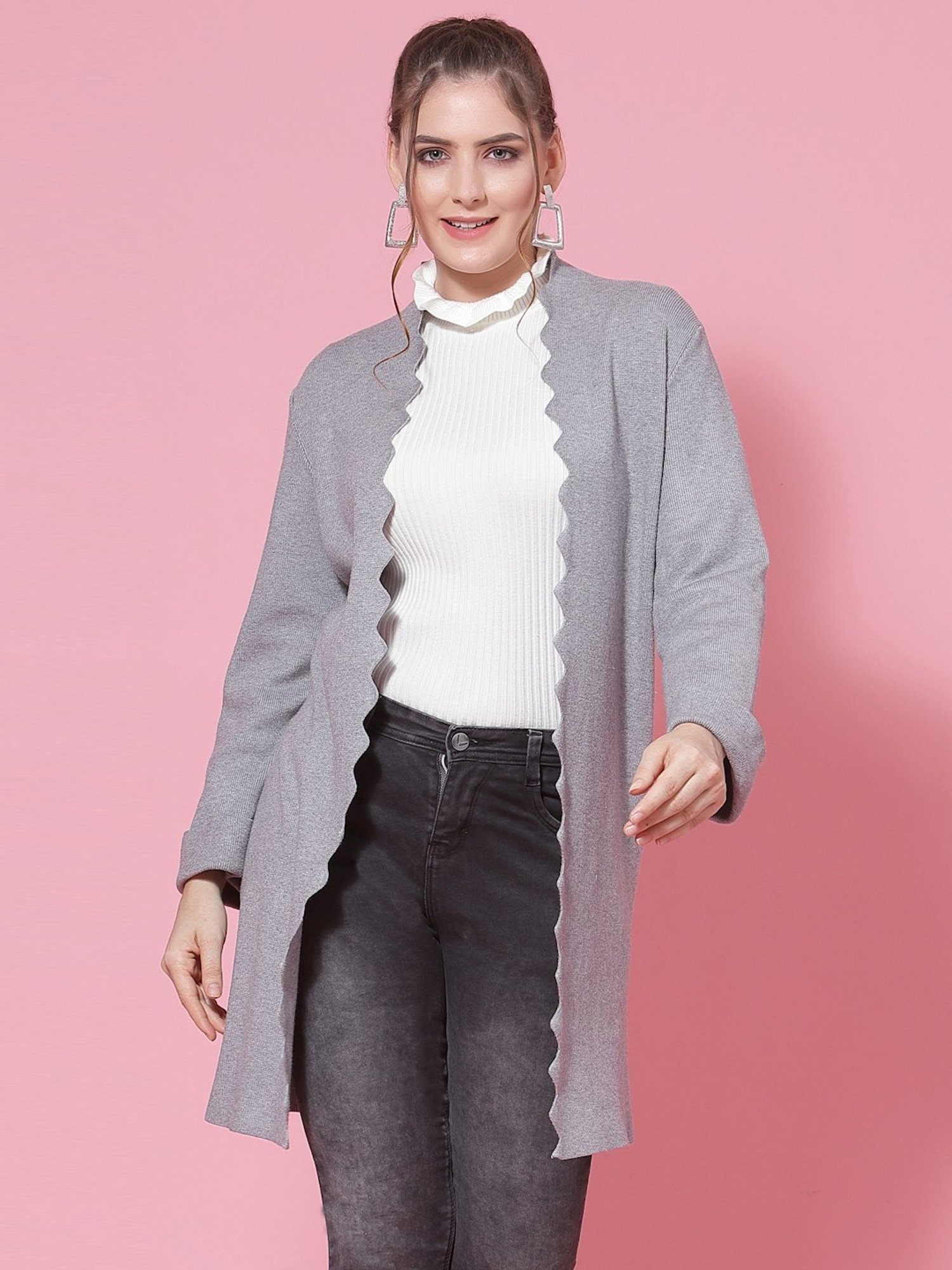 Mafadeny Grey Shawl Neck Shrug