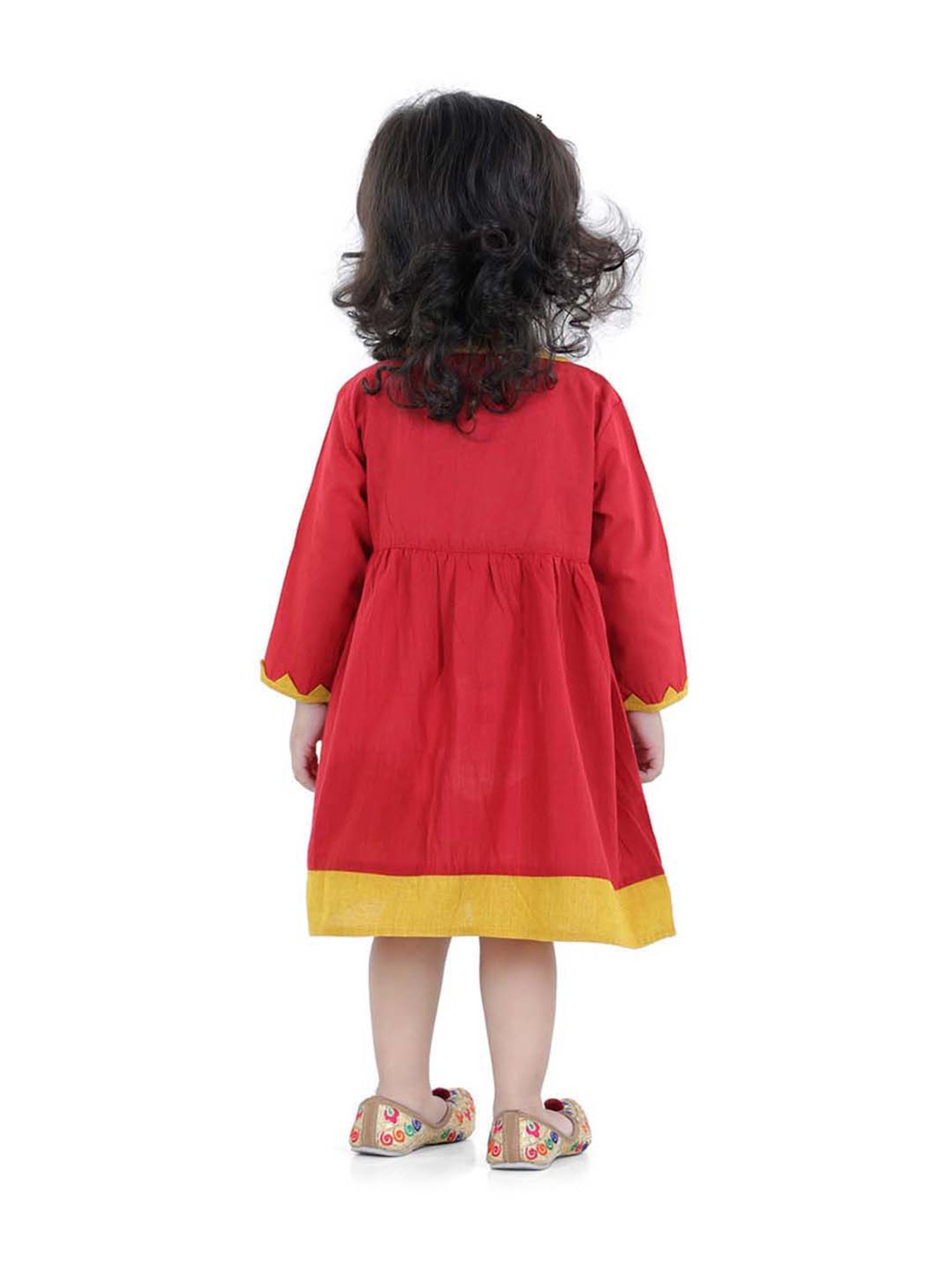BownBee Kids Red & Yellow Cotton Embroidered Frock