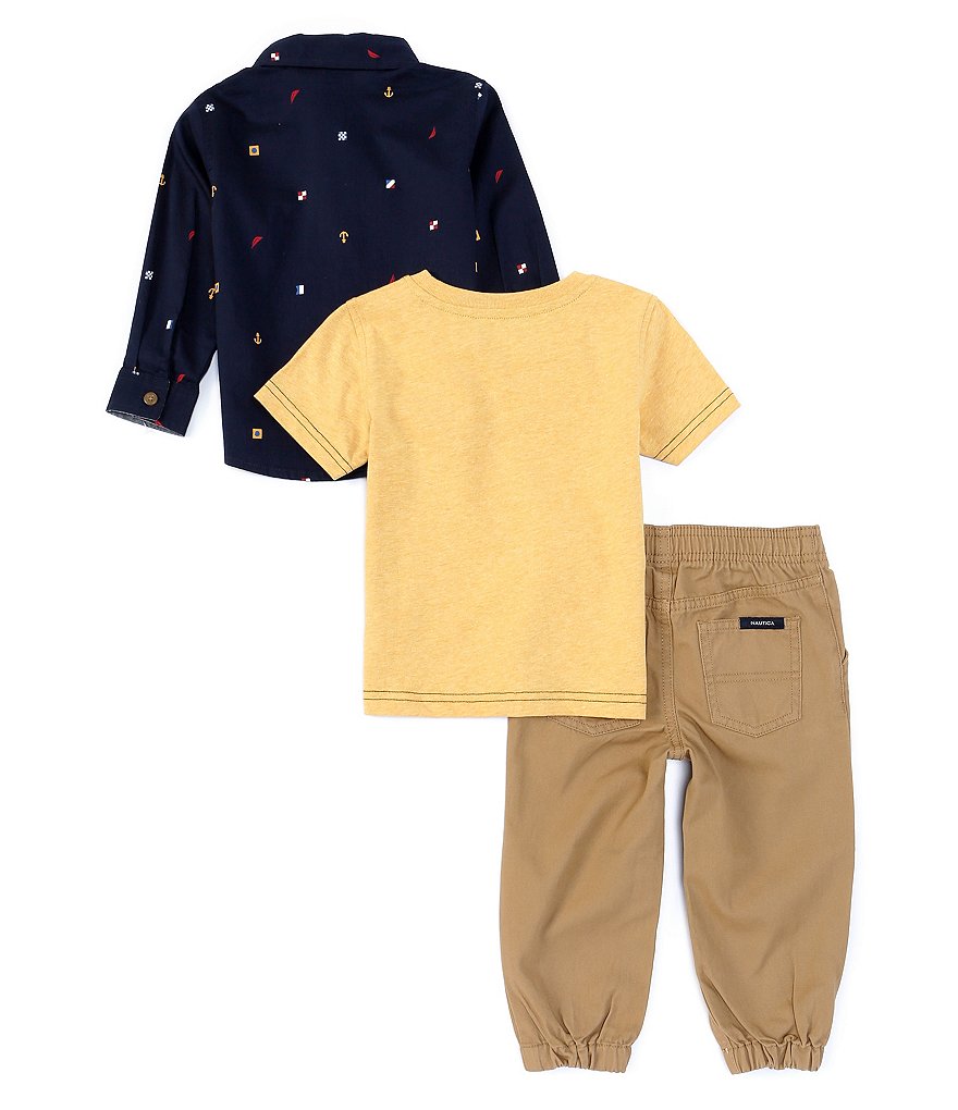 Nautica Baby Boys 12-24 Months Long-Sleeve Printed Woven Poplin Shirt, Short-Sleeve Tee & Twill Jogger Pants Set