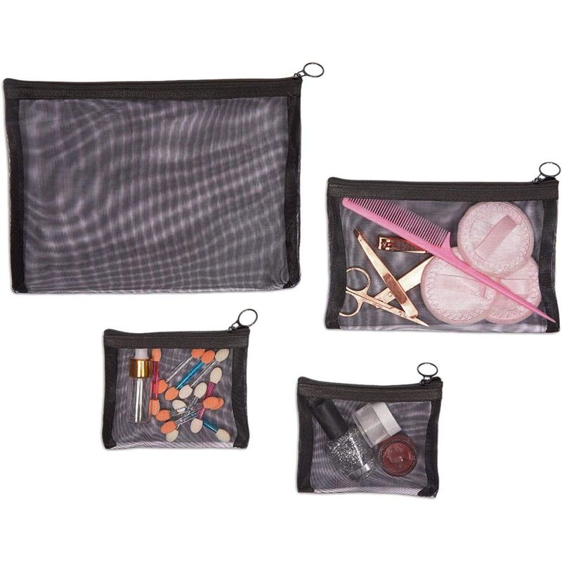 Glamlily 4 Packs Mesh Makeup Bags Set, Zipper Pouches for Cosmetics (Black)