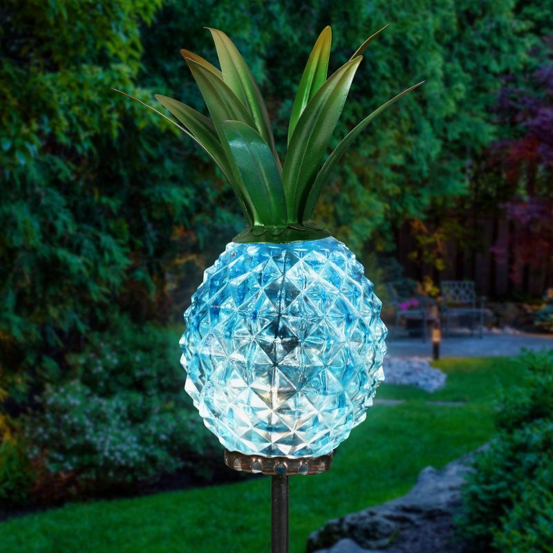 29" Metal and Glass Solar Pineapple Garden Stake Blue - Exhart