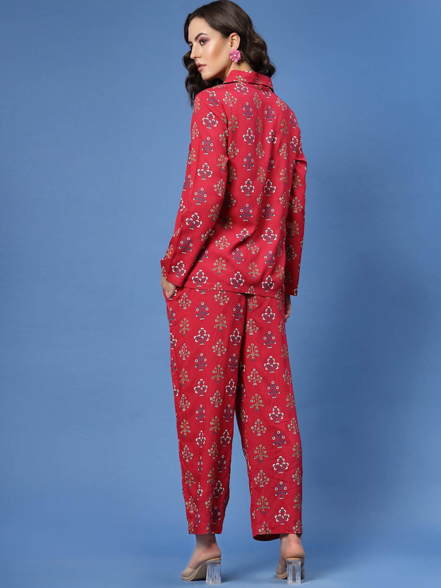 Melon by PlusS Red Floral Print Shirt With Trousers