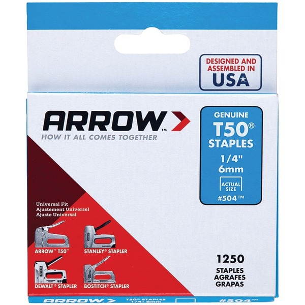 Arrow Fasteners T50 Heavy Duty Staples 0.25" Leg 0.38" Crown Steel 1250/Pack 504