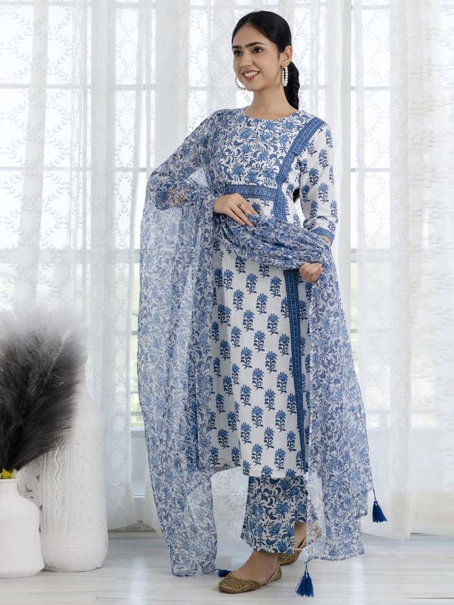 Ekohum Blue Printed A-Line Kurta with Printed Pant and Dupatta Set