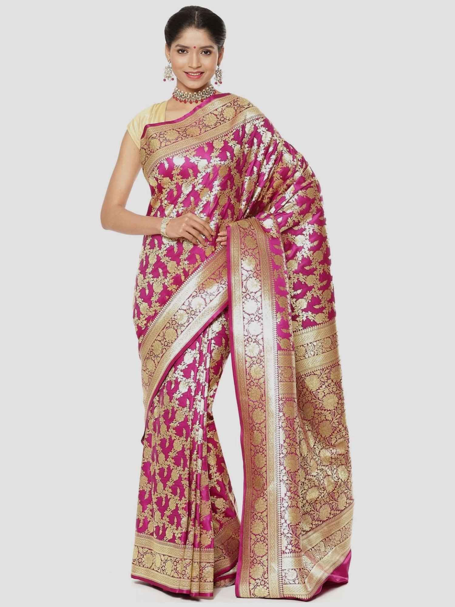 Banarasi Silk Works Pink Woven Saree With Unstitched Blouse