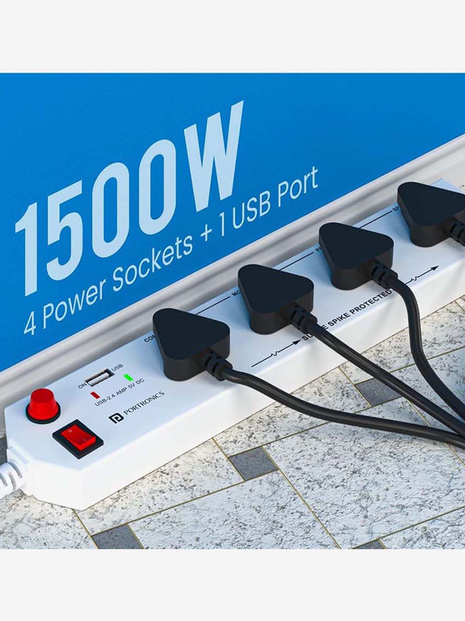 Portronics Power Plate 4 POR-1292 with 4 Power Sockets and USB Port Surge Protector (White)