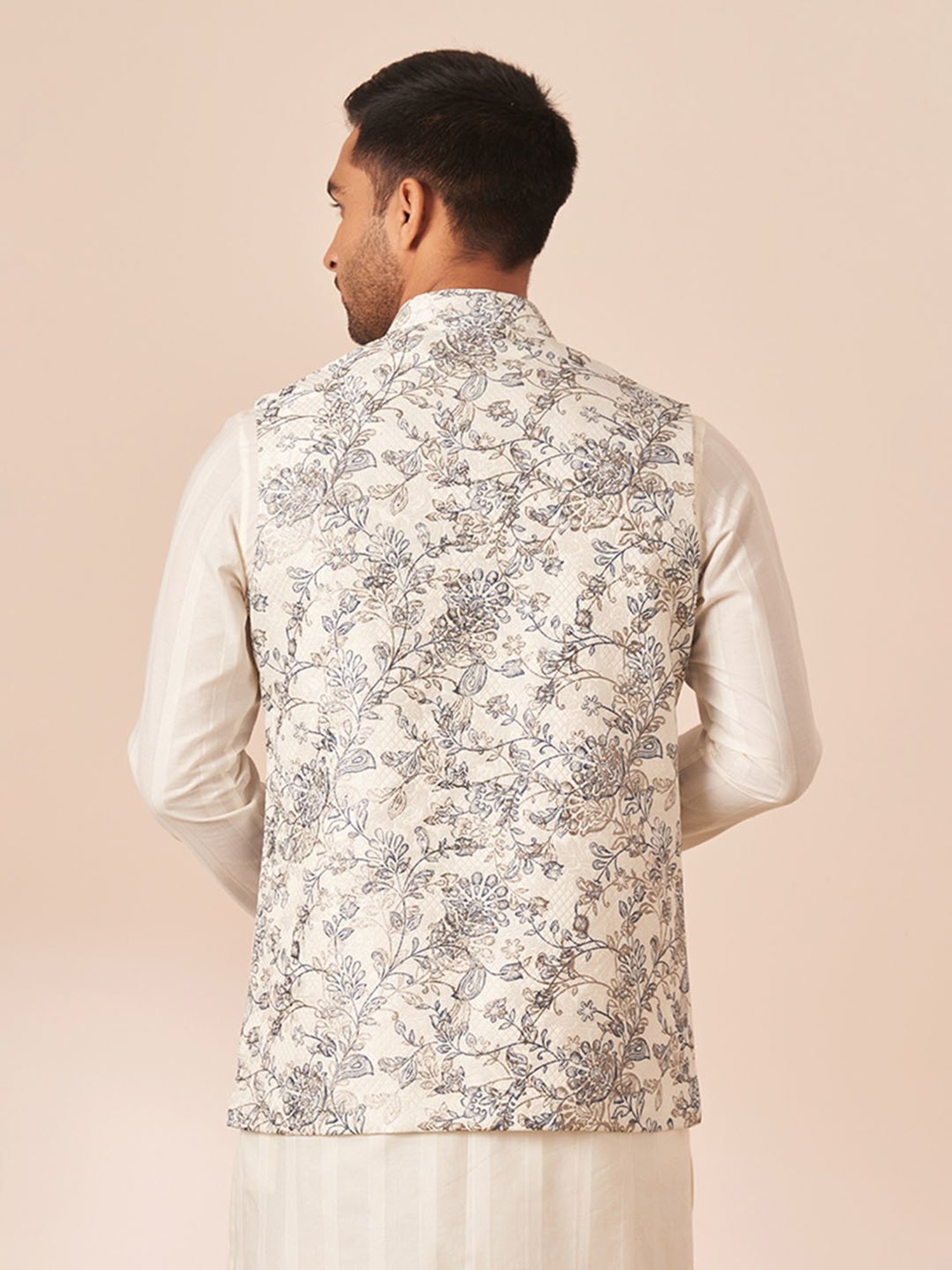 Manyavar White Regular Fit Floral Print Nehru Jacket