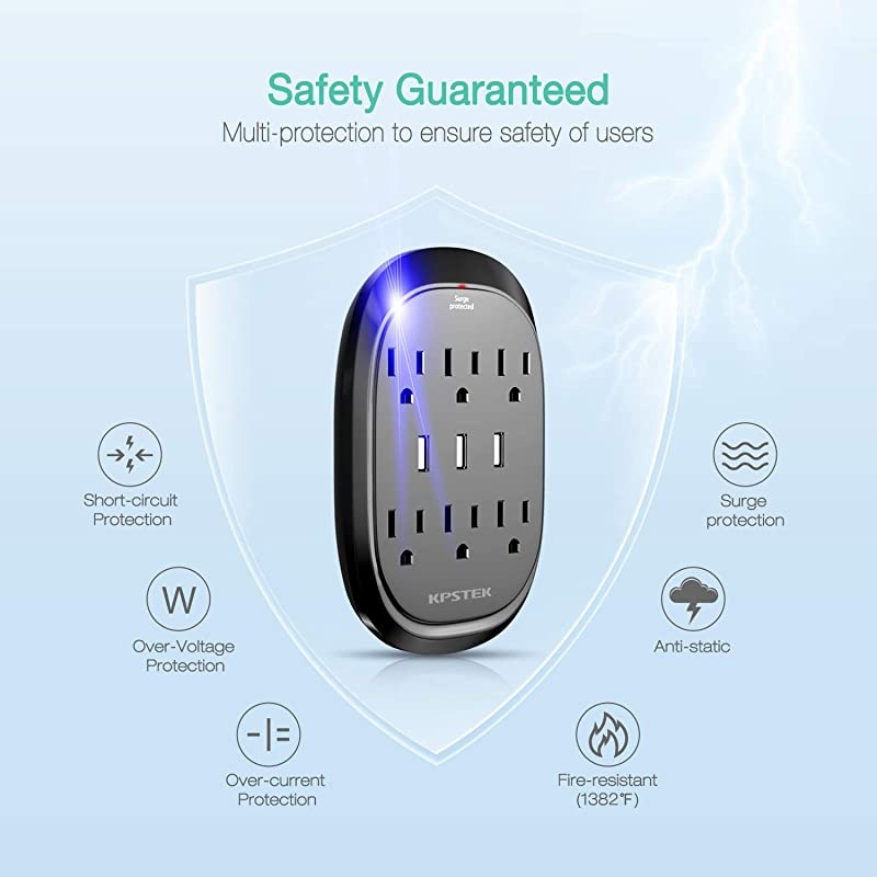6Outlet Wall Plug Outlet Extender Surge Protector with 3 USB Ports 34A Total Multi Plug Wall Adapter for Home Office and Dorm Room Black KS3336f