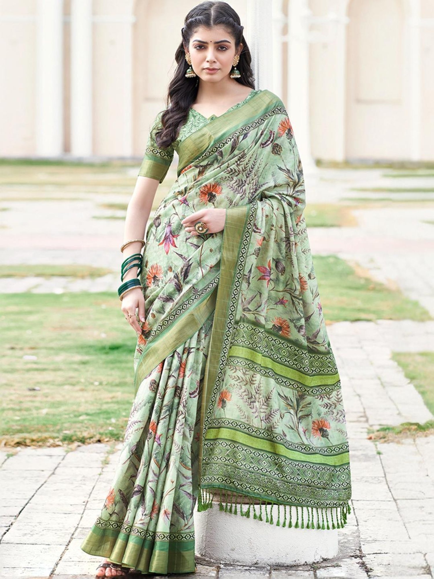 Satrani Green Silk Floral Print Saree With Unstitched Blouse