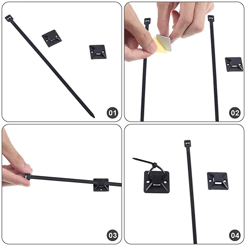 Zip Ties and Mounts,  120 Pcs 8 Inch Self-Locking Nylon Cable Ties with 120 Pcs Adhesive-Backed Mounts Screw Hole Anchor Wire Tie Base(1.1" x 1.1"), Black