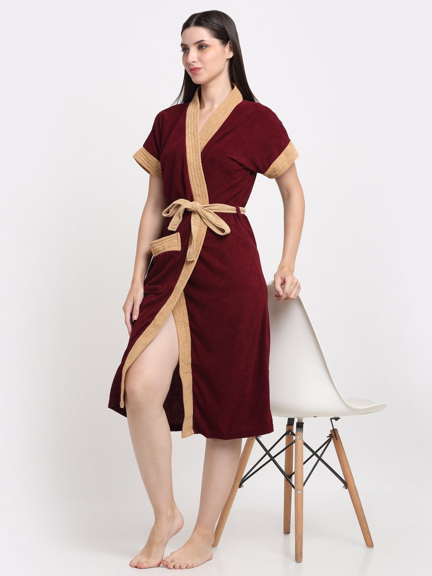 Creeva Everyday Red & Navy 225 GSM Micro Terry Bathrobe with Front Pocket & Kimono Collar