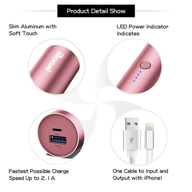 Portable Charger  UltraCompact Aluminum Power Bank 5000mAh Travel HighSpeed Output External Backup Battery Compatible iPhone iPad iPod Samsung Tablets PinkCharging Cable Included