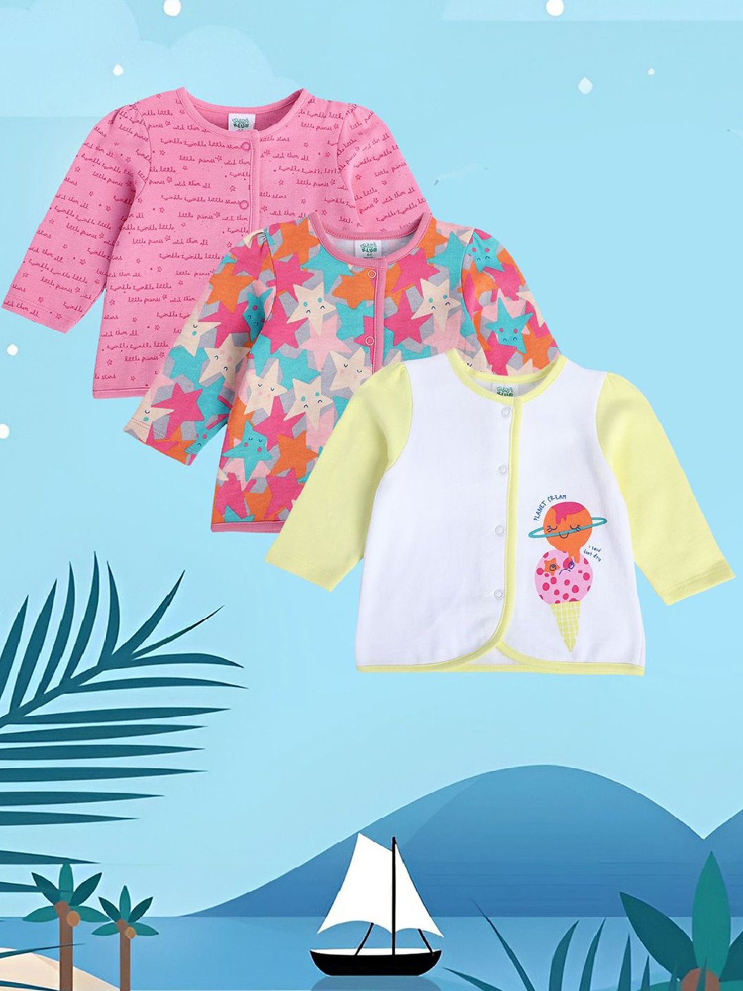 MINIKLUB Kids Multicolor Printed Full Sleeves Jhablas (Pack Of 3)