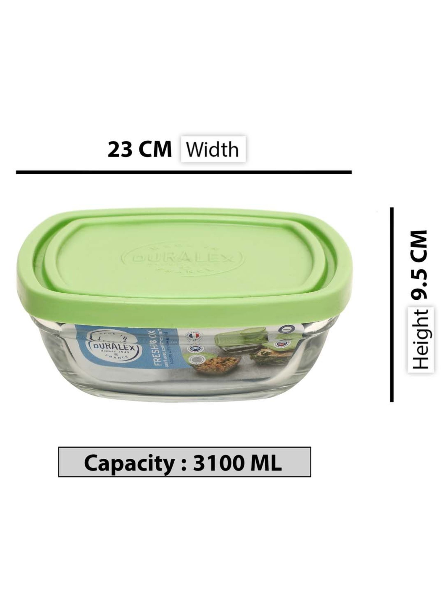 Duralex 'Freshbox' Transparent & Green Glass 23 cm Container With Lid (3.1 L) - Set of 1