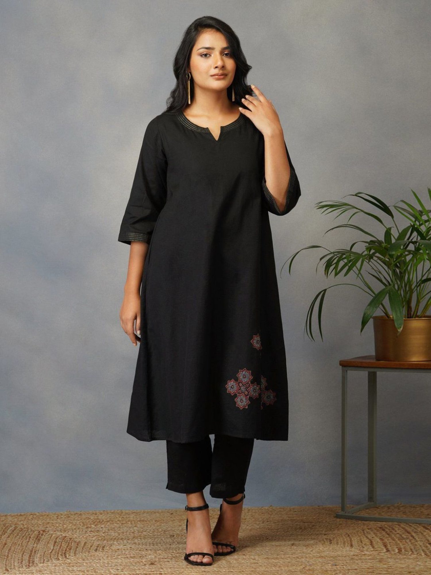 Akiso Bakhair Black A Line Kurta With Handblock Ajrak Patch Work Set With Pants