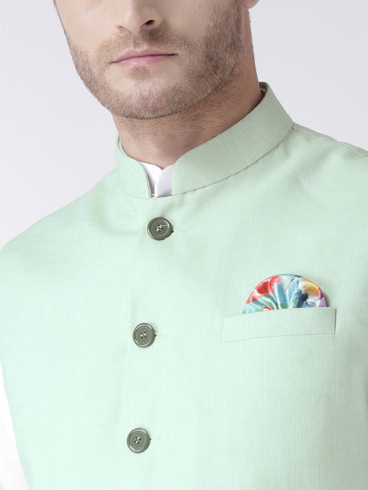 Hangup Plus Mint Green Regular Fit Linen Nehru Jacket