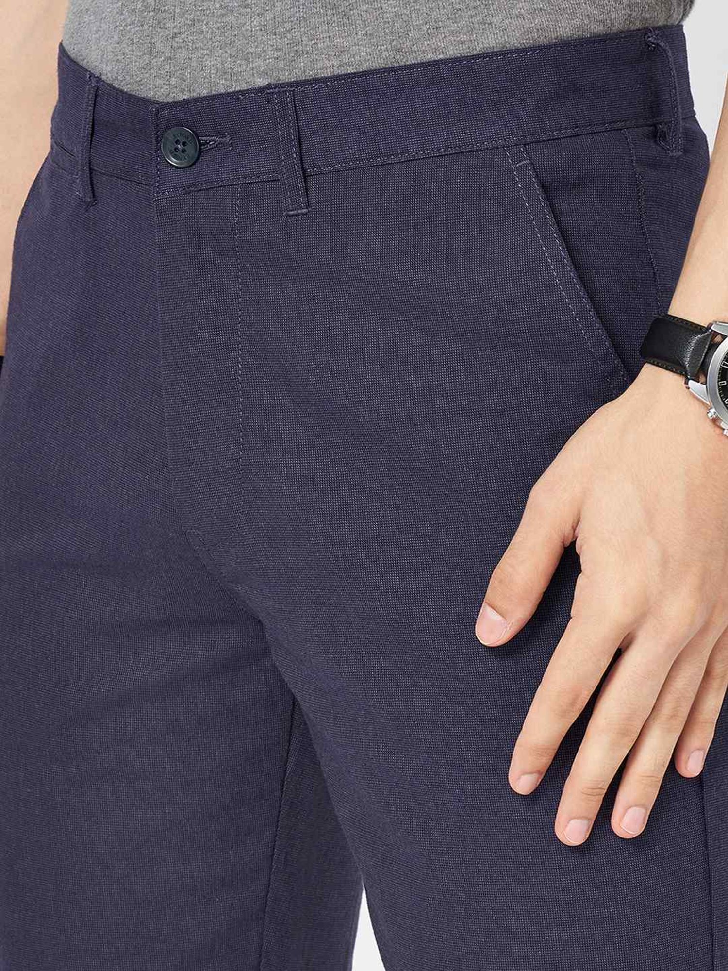 Byford By Pantaloons Navy Cotton Slim Fit Texture Shorts