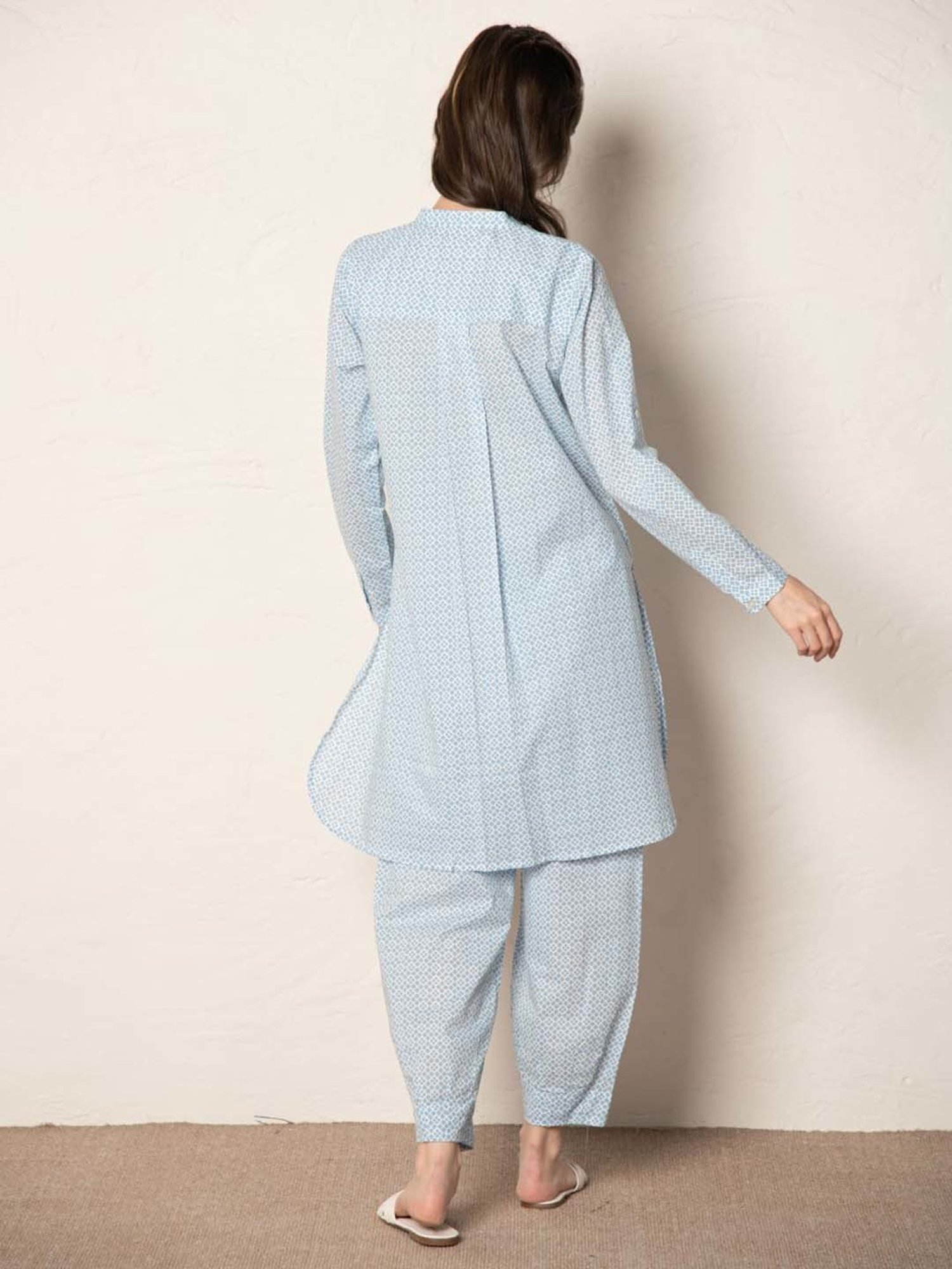 Ekohum Blue Cotton Printed Loose Fit Up-Down Kurta with Pant Co-Ord Set