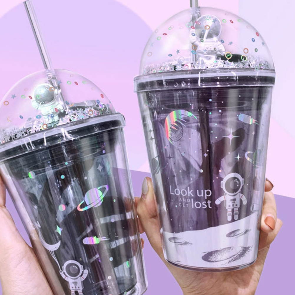 1pc Plastic Cup Cartoon Straw Cup Portable Double Layer Drinking Cup Creative Space Odyssey Pattern Bottles(380ml)