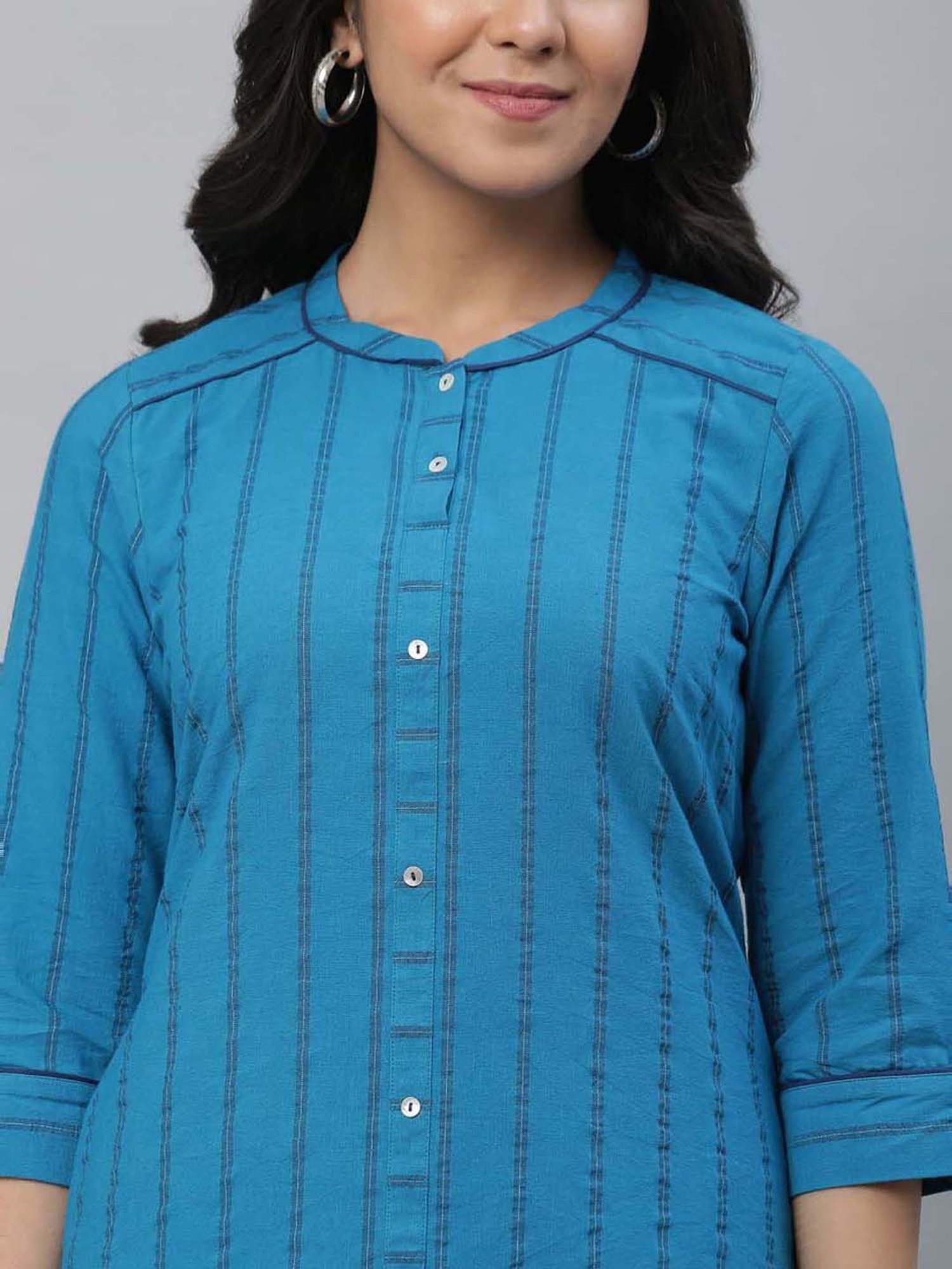 Aurelia Blue Cotton Striped Kurta Pant Set