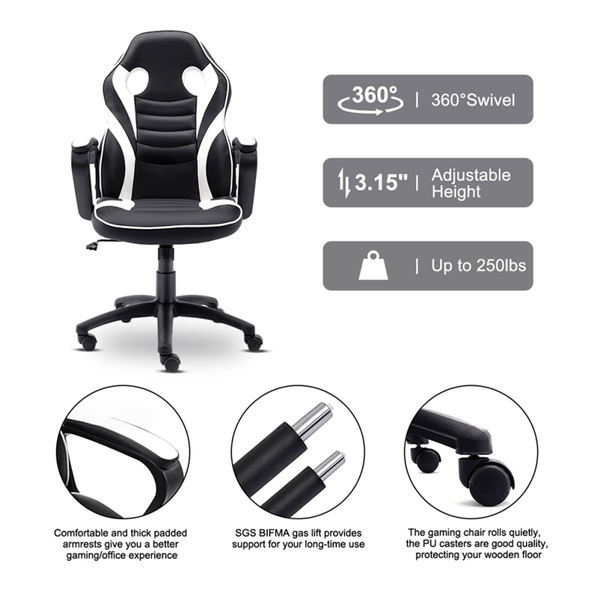 HOMEMAXS Gaming Chair - Ergonomic Office Chair for Adults, Adjustable Swivel PU Computer Chair, High Back Desk Chair with Lumbar Support, Black and White