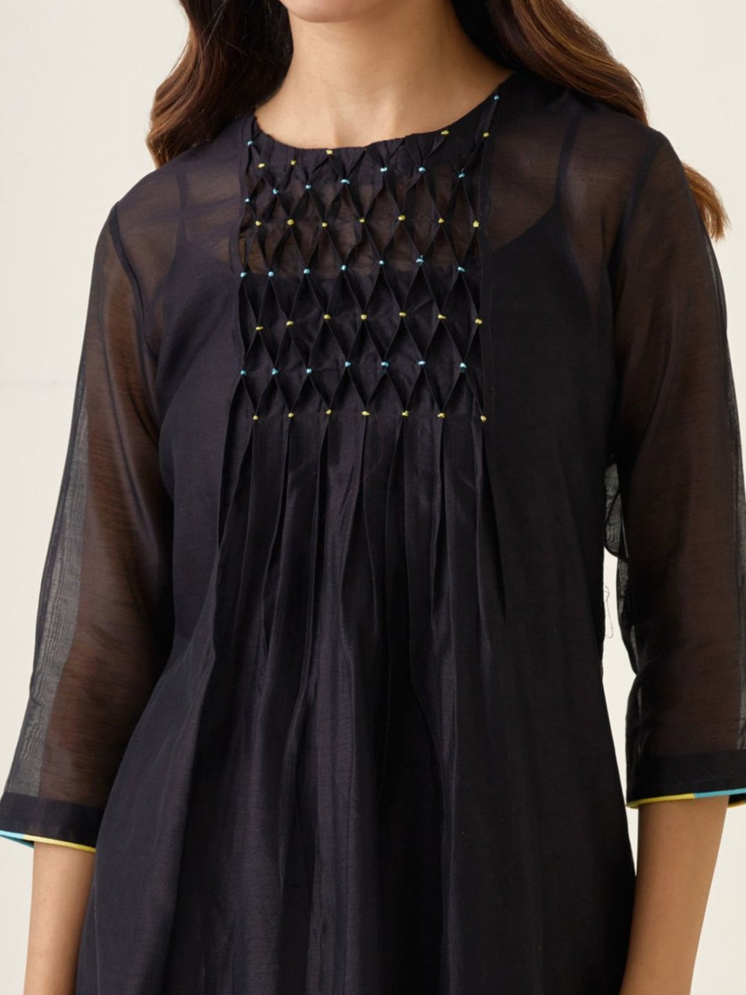 Vinusto Black, Blue & Yellow Summer Nostalgia Kurta with Cami and Pant