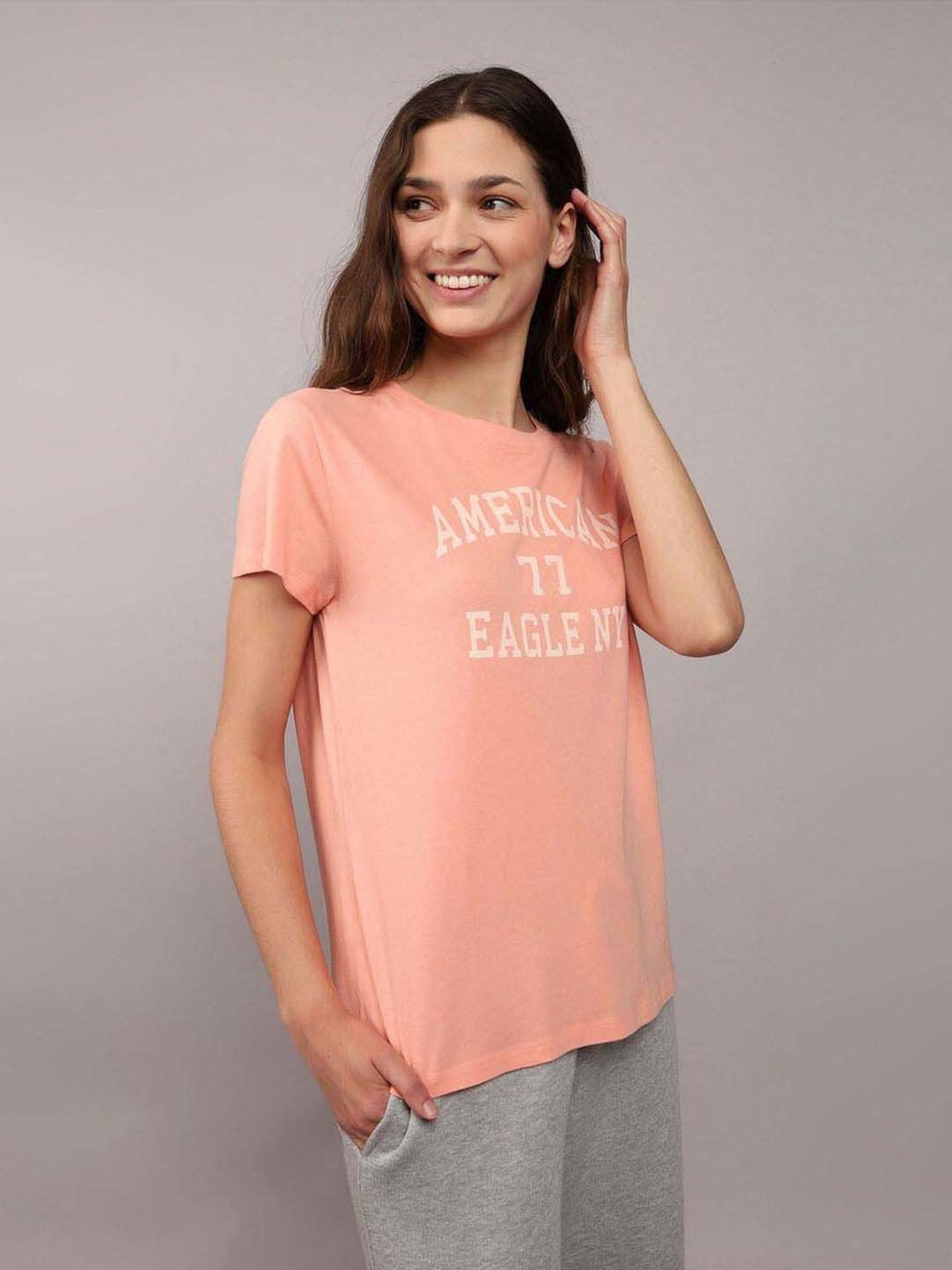 American Eagle Outfitters Peach Cotton Printed T-Shirt