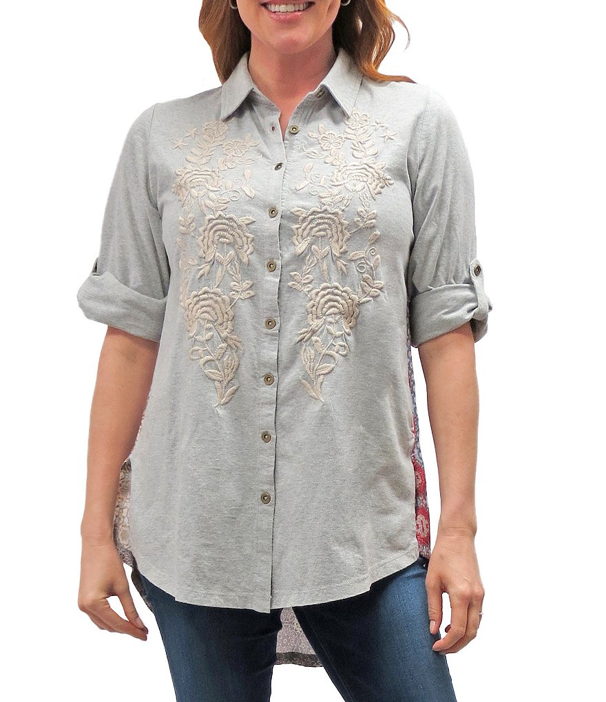 Karyn Seo Carla Embroidered Button Front Mixed Media Tunic