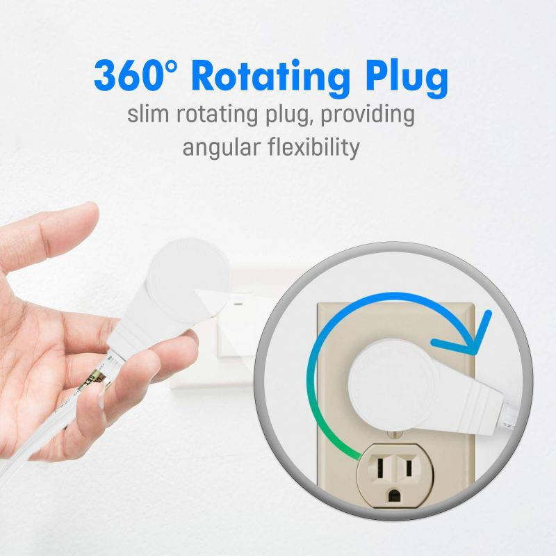 Maximm Cable 10 Ft 360&deg; Rotating Flat Plug Extension Cord/Wire, 16 AWG Multi 3 Outlet Extension Wire, 3 Prong Grounded Wire - White - UL Listed