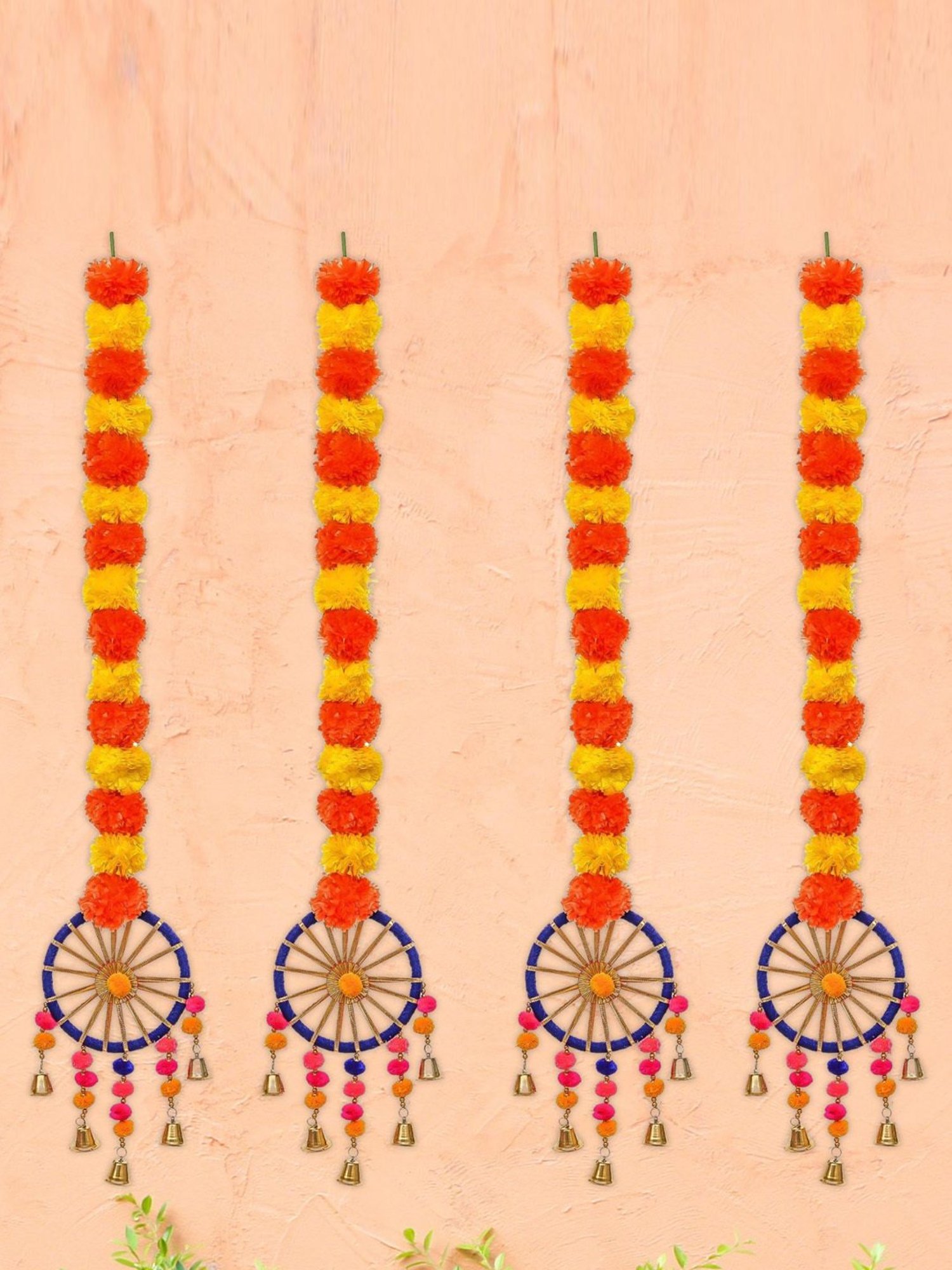 eCraftIndia Artificial Marigold Flowers Hangings with Bangles Ringing Bells (Pack of 4)