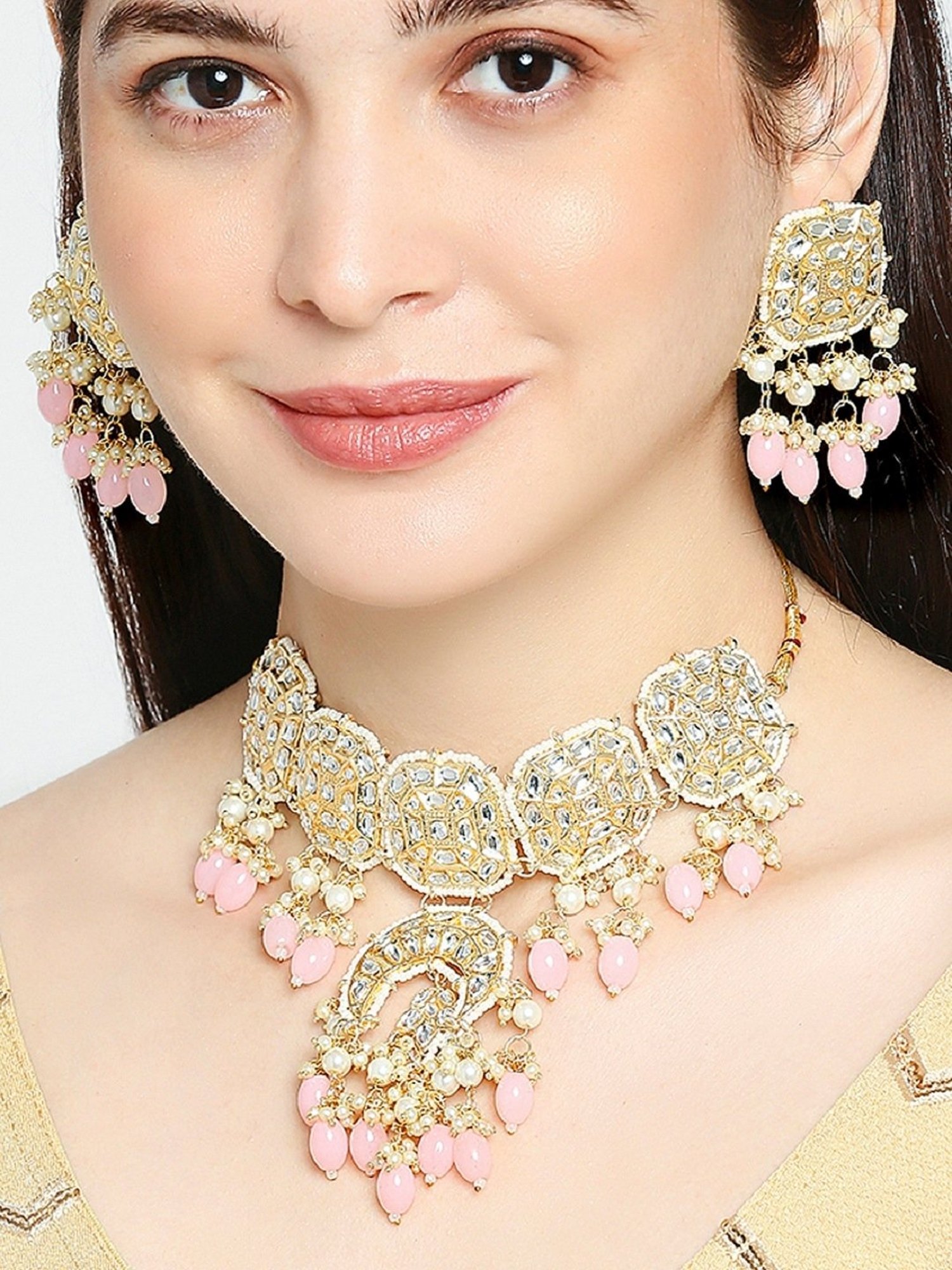 Oomph Pink Beads & Kundan Ethnic Jadau Necklace with Earring Set