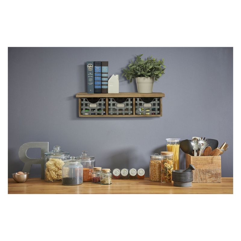 21.1" x 5.7" Reclaimed Wood Wall Organizer with 3 Metal Basket Bins Brown - Gallery Solutions