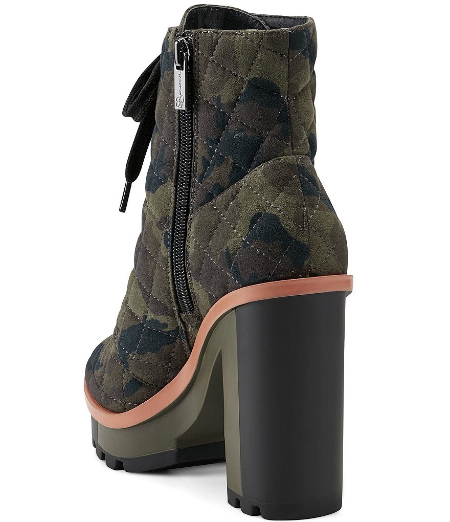Jessica Simpson Lizzah Quilted Camo Print Peep Toe Platform Block Heel Lug Sole Booties