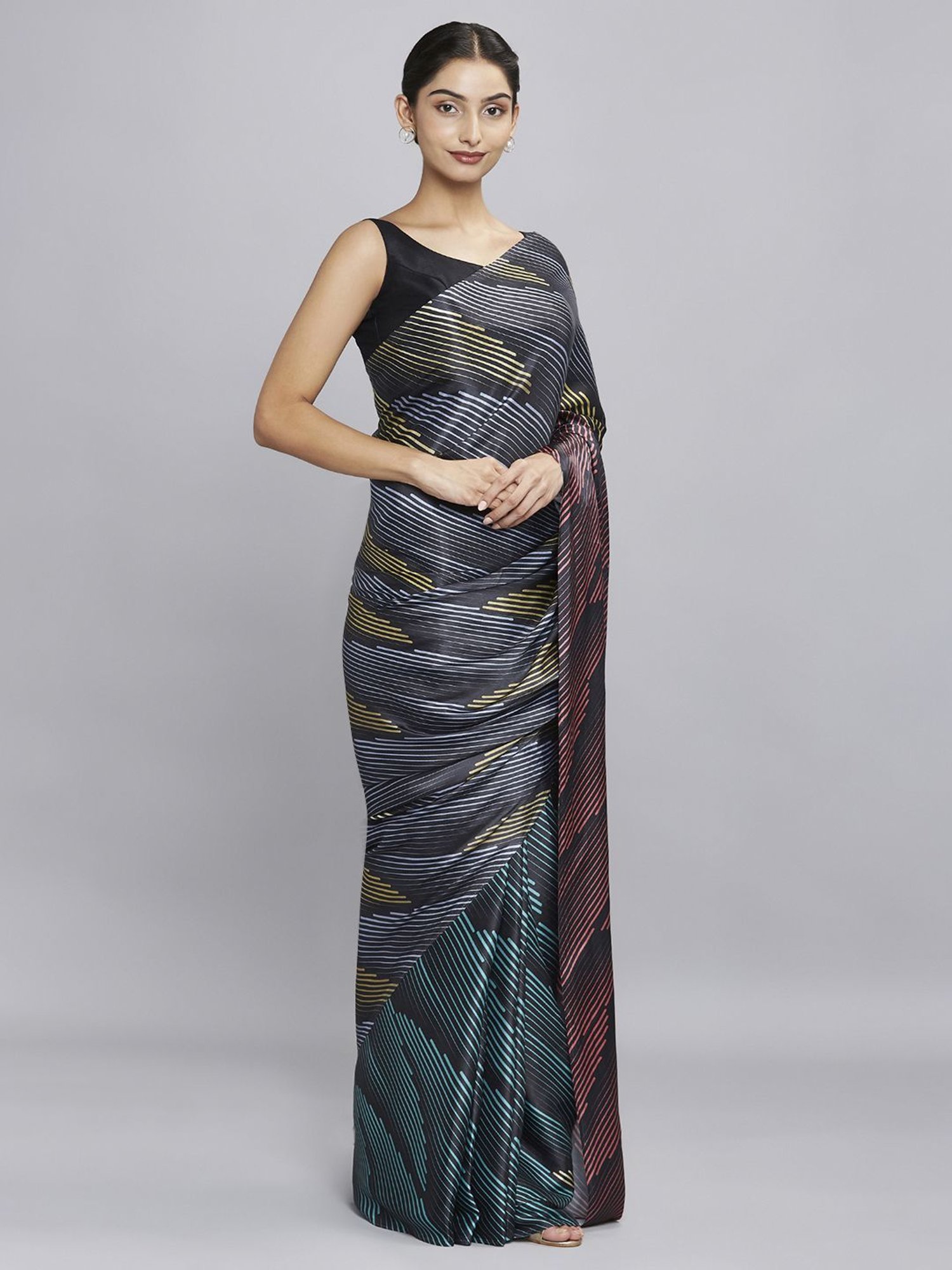 Navyasa Black Liva Satin Geometric Printed Saree With Coordinated Unstitched Blouse Piece