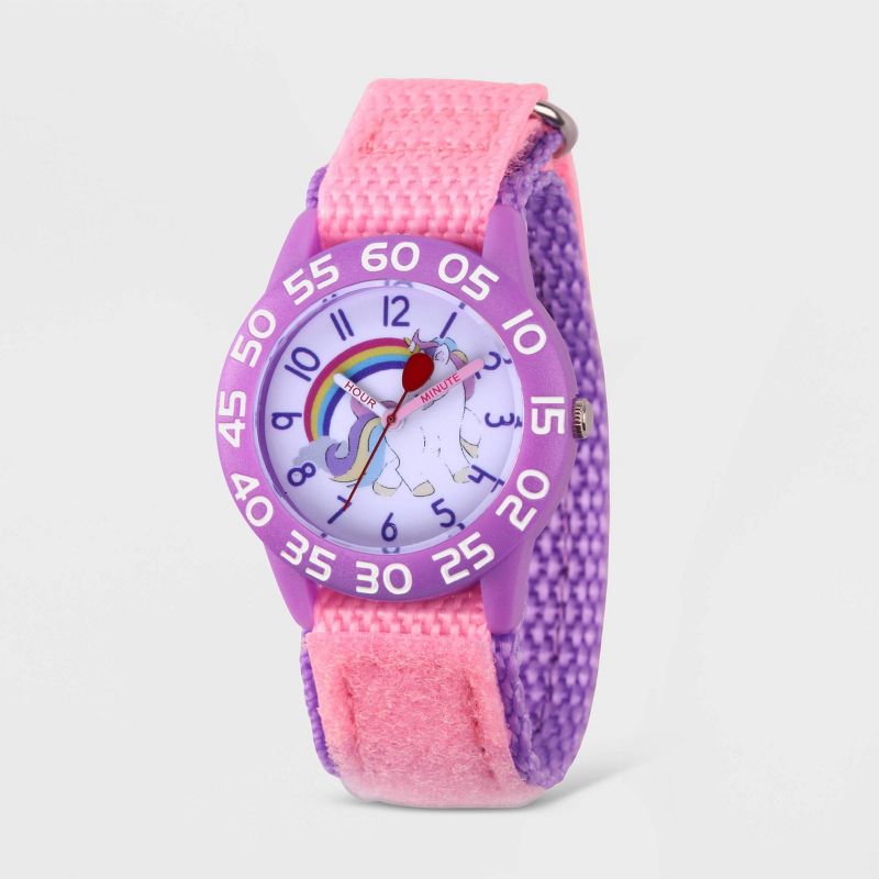 Girls' Red Balloon Unicorn Rainbow Plastic Time Teacher Hook And Loop Strap Watch - Pink