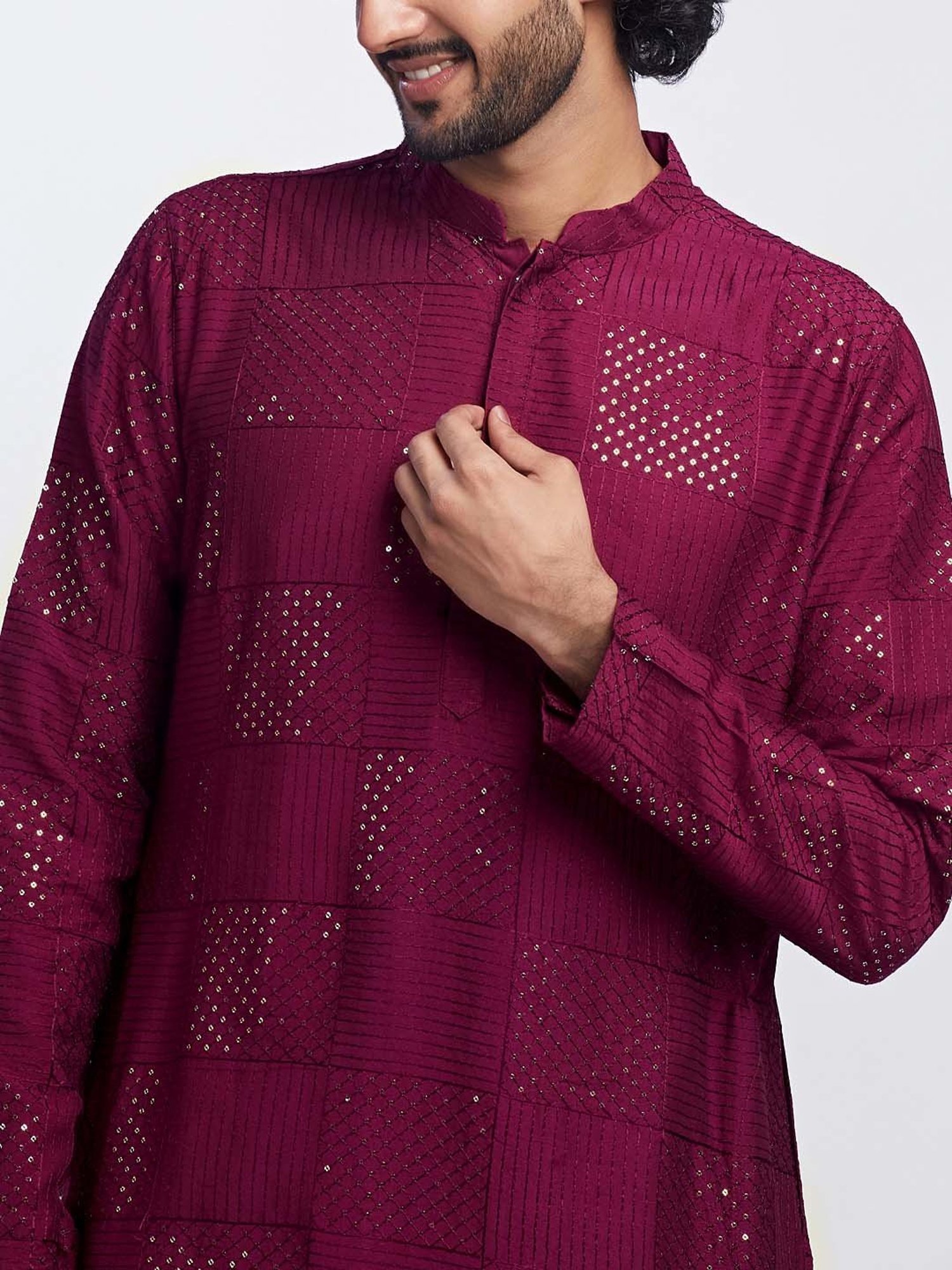 KISAH Burgundy & Beige Regular Fit Embellished Kurta & Churidar Set