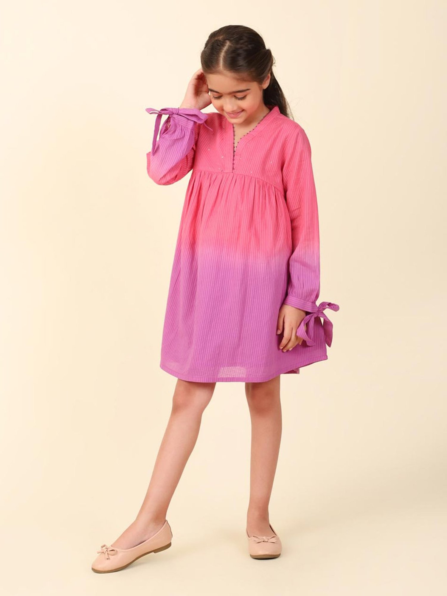Fabindia Kids Pink & Purple Printed Full Sleeves Dress