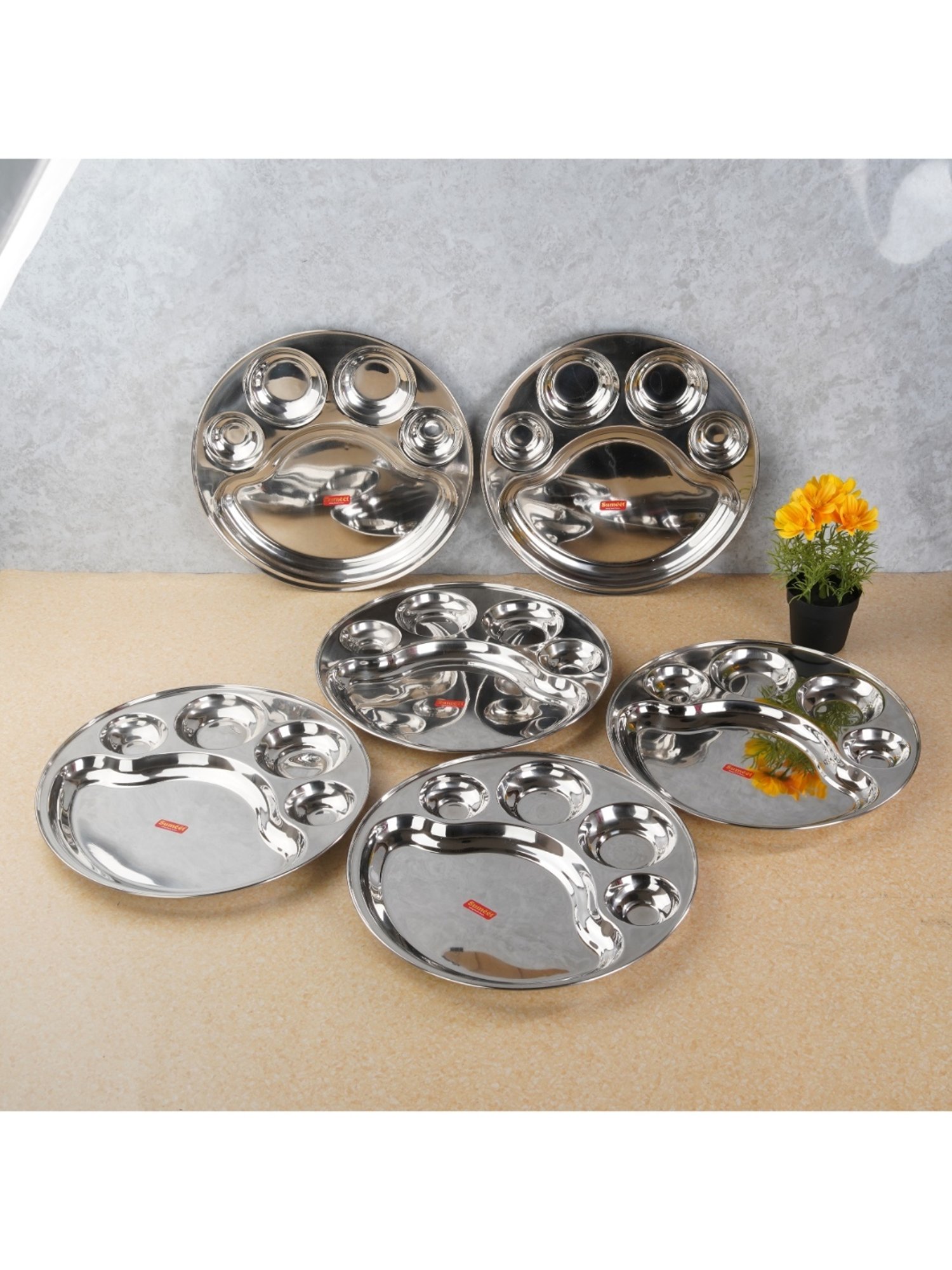 Sumeet Stainless Steel Round 5 in 1 Compartment Lunch / Dinner Plate Set of 6Pcs, 31cm Dia, Silver