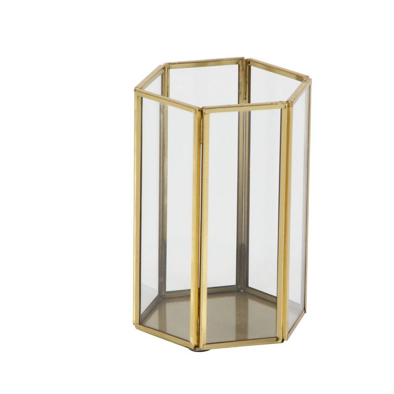 Set of 3 Modern Metal and Glass Candle Holders with Hexagon Silhouettes Gold - CosmoLiving by Cosmopolitan